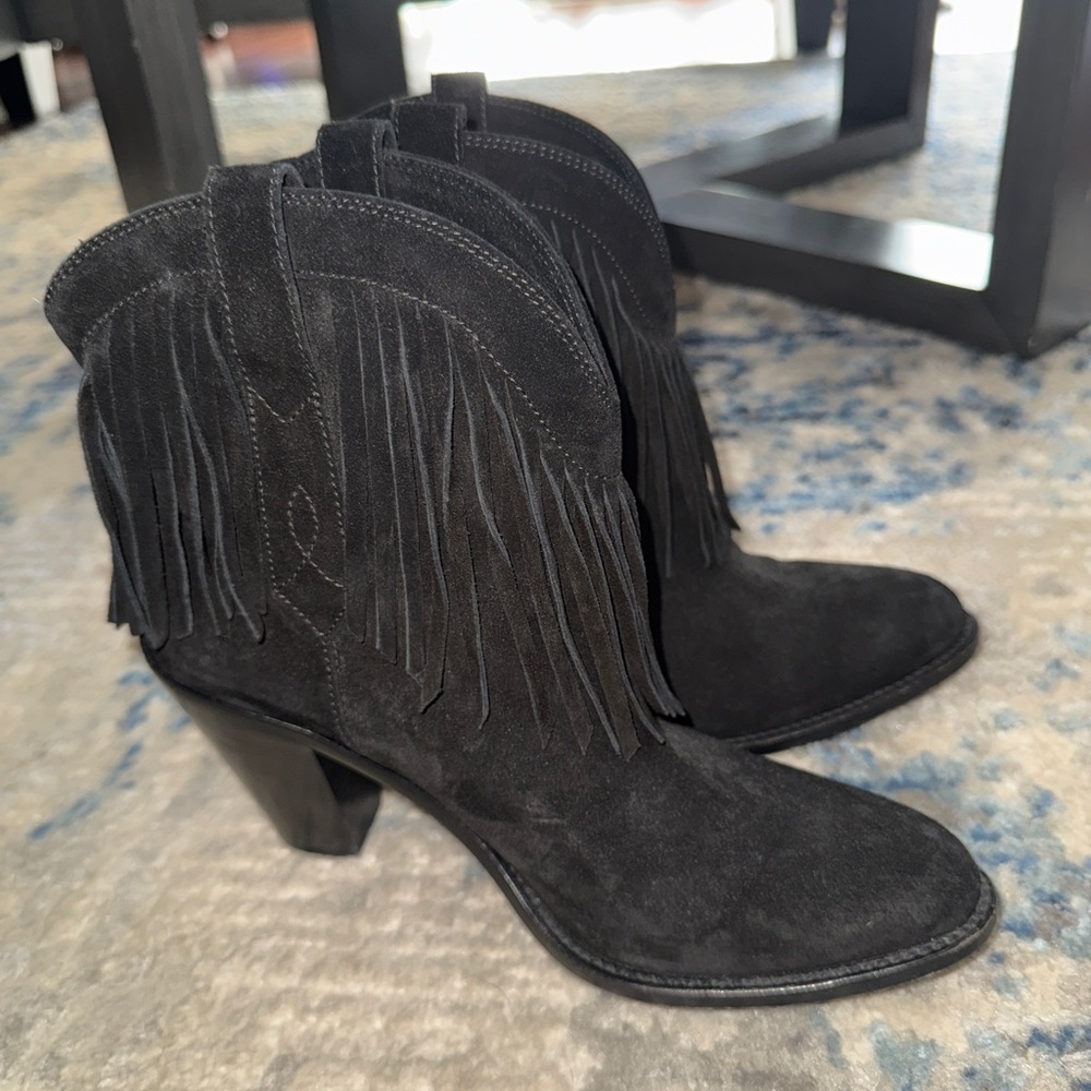 Saint Laurent YSL Black Ankle Boots with Fringe 38 7.5